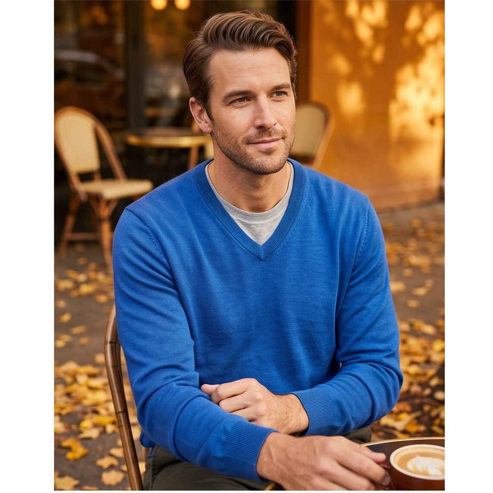 Turnbury Mens 2XT Extra Fine Merino Wool V-Neck Sweater‎ Blue Tall